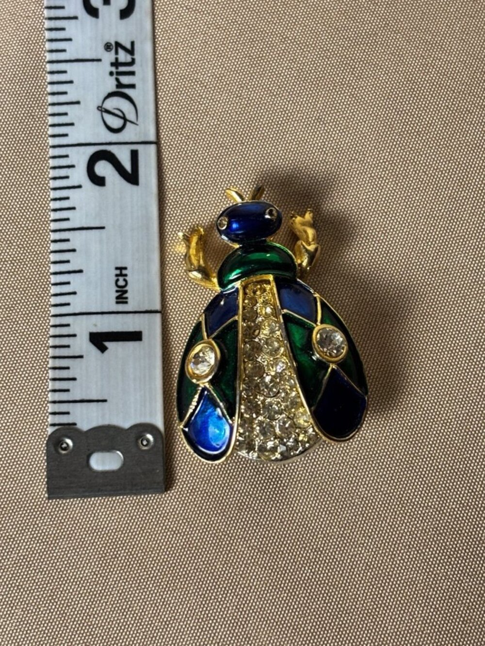 Vintage Gold Plated Green Blue Enamel Rhinestone Bug Brooch Pin Collectible A71 - Picture 7 of 8